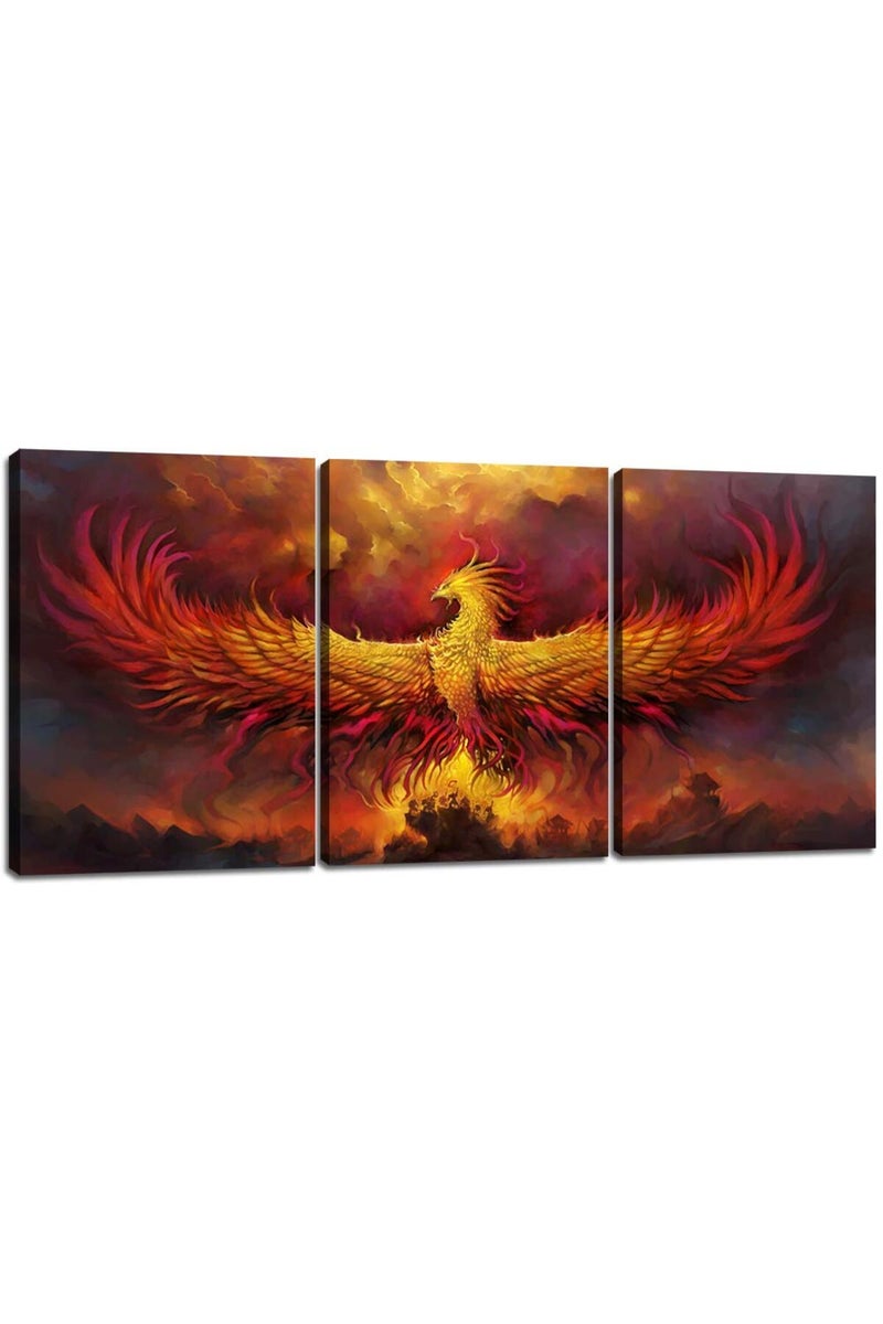 Yetaryy Fire Phoenix Wall Art Prints Volcanic Burning Phoenix Birds Canvas Picture Posters Prints Artwork 3 Piece Home Office Living Room Bedroom Decor Framed Ready to Hang - 36" W x 16" H - Image 1