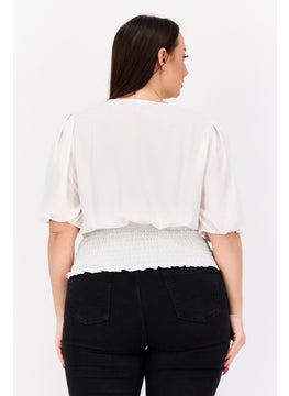 1 State Women Plus Size Surplice Neck Short Sleeve Textured Top, Cream  - Image 3