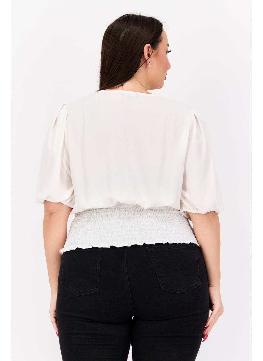 1 State Women Plus Size Surplice Neck Short Sleeve Textured Top, Cream  - Image 3