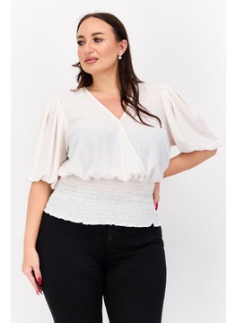 1 State Women Plus Size Surplice Neck Short Sleeve Textured Top, Cream  - Image 1