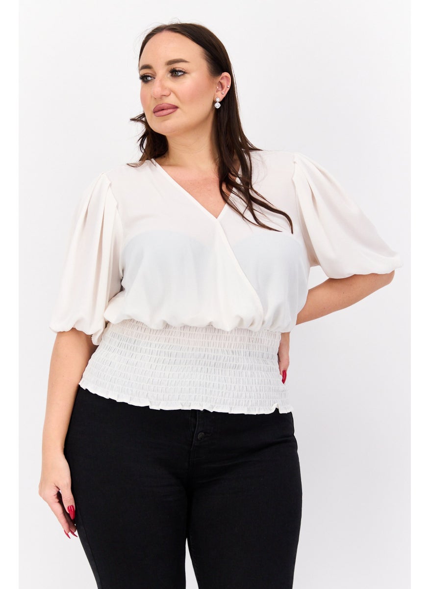 1 State Women Plus Size Surplice Neck Short Sleeve Textured Top, Cream  - Image 1