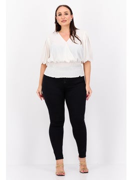 1 State Women Plus Size Surplice Neck Short Sleeve Textured Top, Cream  - Image 4