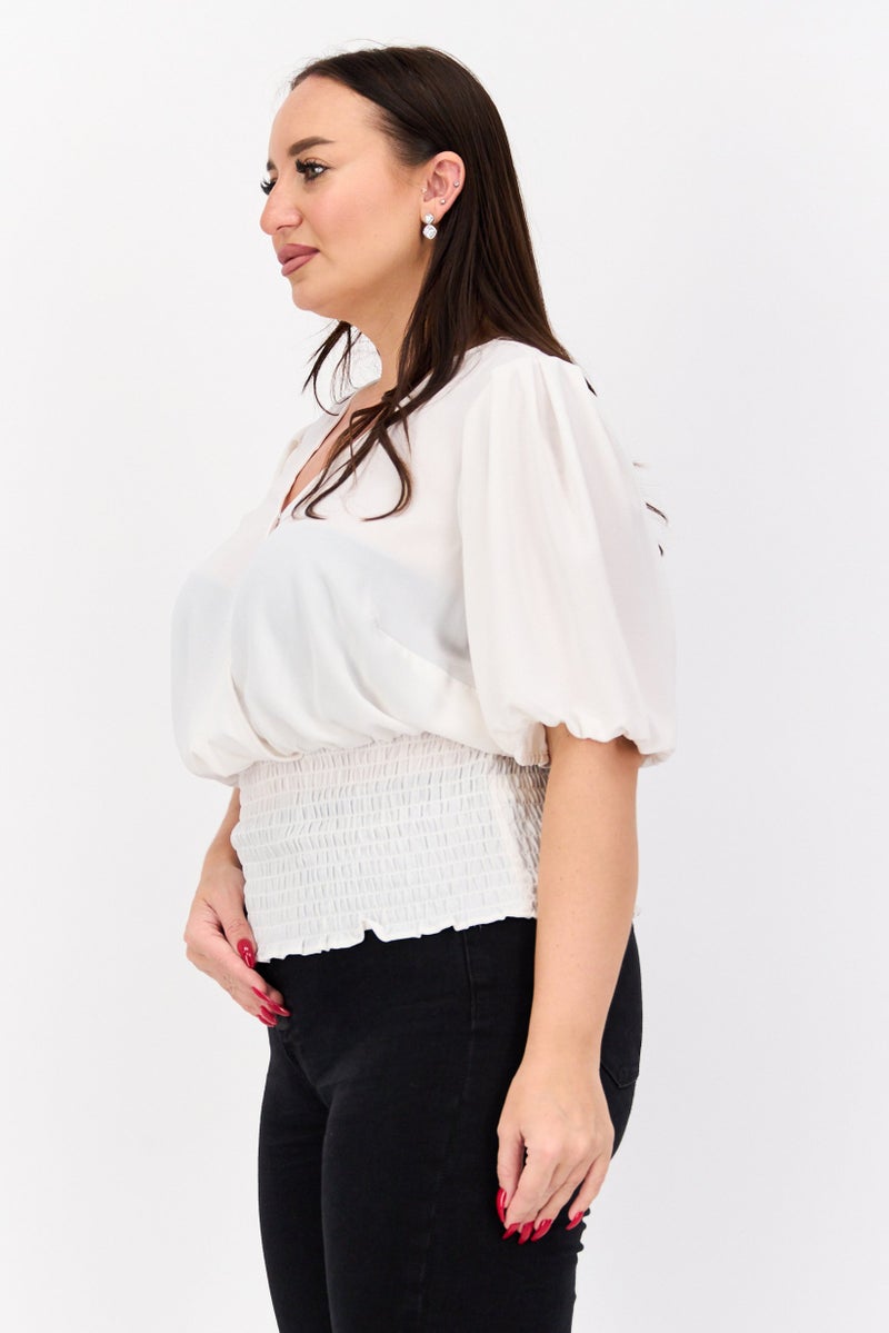 1 State Women Plus Size Surplice Neck Short Sleeve Textured Top, Cream - Image 2