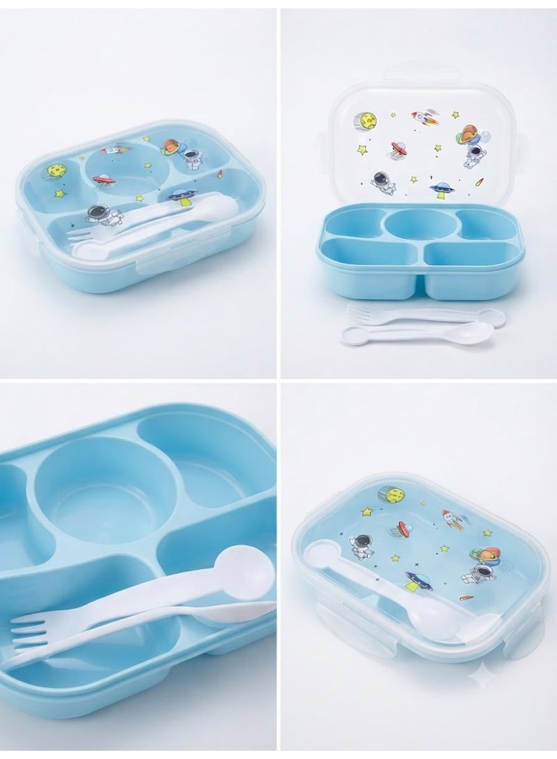 5-compartment lunch box with lid featuring cartoon designs.