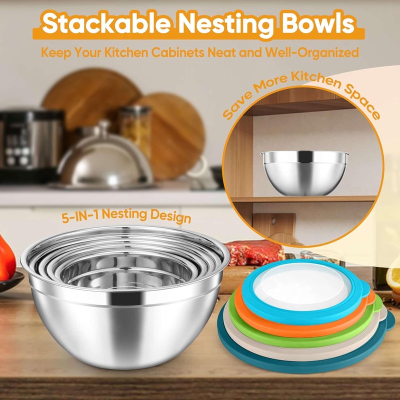 Herogo 5-Piece Mixing Bowls with Visible Lids, 3 Grater Attachments, Stainless Steel Salad Serving Bowls for Kitchen, 4.6/3.5/2.5/2/1.5 QT Ideal for Prepping & Cooking, Colorful - Image 4