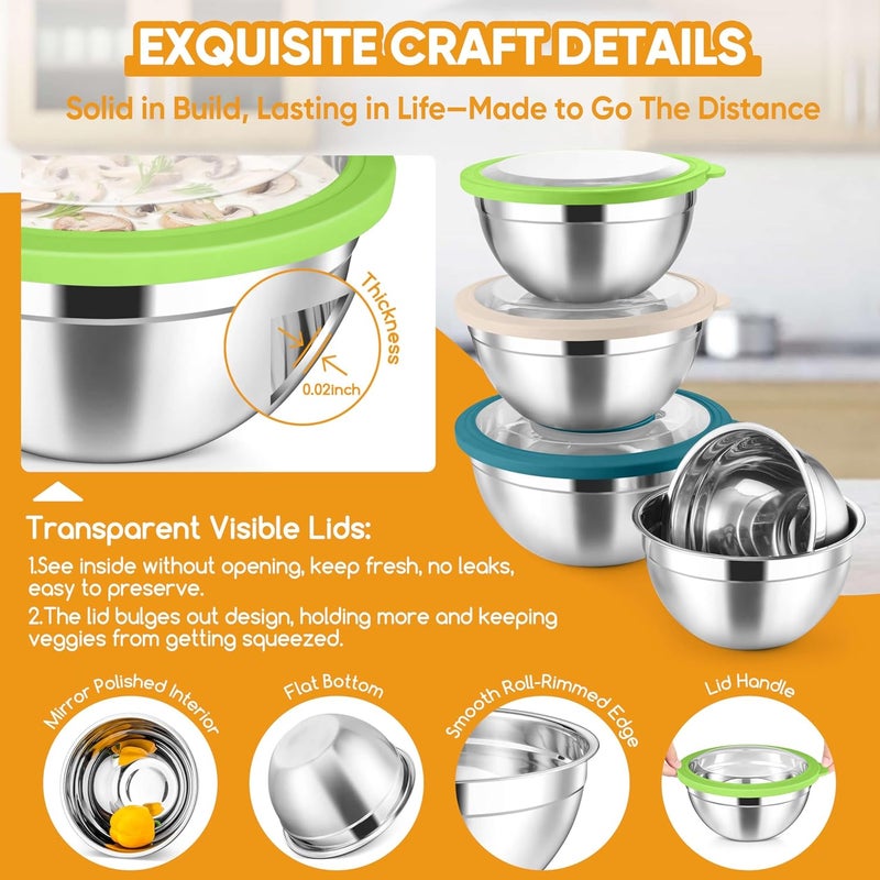 Herogo 5-Piece Mixing Bowls with Visible Lids, 3 Grater Attachments, Stainless Steel Salad Serving Bowls for Kitchen, 4.6/3.5/2.5/2/1.5 QT Ideal for Prepping & Cooking, Colorful - Image 3