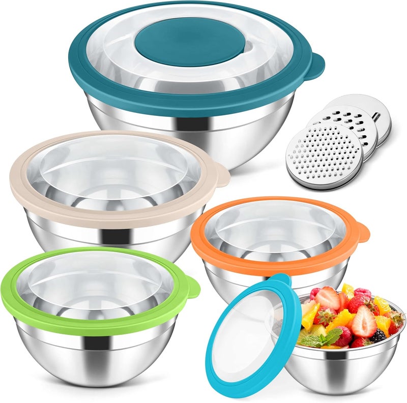 Herogo 5-Piece Mixing Bowls with Visible Lids, 3 Grater Attachments, Stainless Steel Salad Serving Bowls for Kitchen, 4.6/3.5/2.5/2/1.5 QT Ideal for Prepping & Cooking, Colorful - Image 1