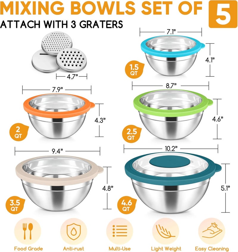 Herogo 5-Piece Mixing Bowls with Visible Lids, 3 Grater Attachments, Stainless Steel Salad Serving Bowls for Kitchen, 4.6/3.5/2.5/2/1.5 QT Ideal for Prepping & Cooking, Colorful - Image 2