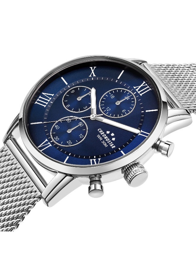 Chronostar ساعة يد للرجال بقرص دائري أزرق مع سوار من الفولاذ المقاوم للصدأ الفضي - 43 مم - R3753306001 - Image 2