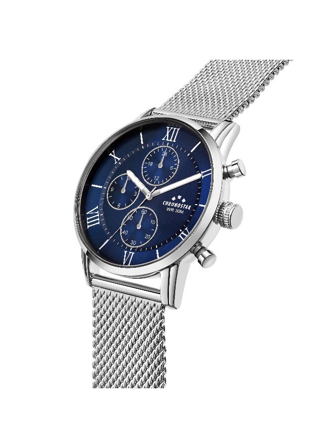 Chronostar ساعة يد للرجال بقرص دائري أزرق مع سوار من الفولاذ المقاوم للصدأ الفضي - 43 مم - R3753306001 - Image 3