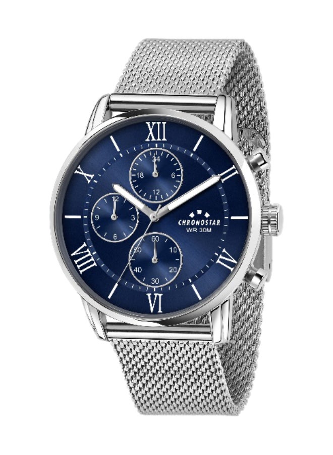 Chronostar ساعة يد للرجال بقرص دائري أزرق مع سوار من الفولاذ المقاوم للصدأ الفضي - 43 مم - R3753306001 - Image 1