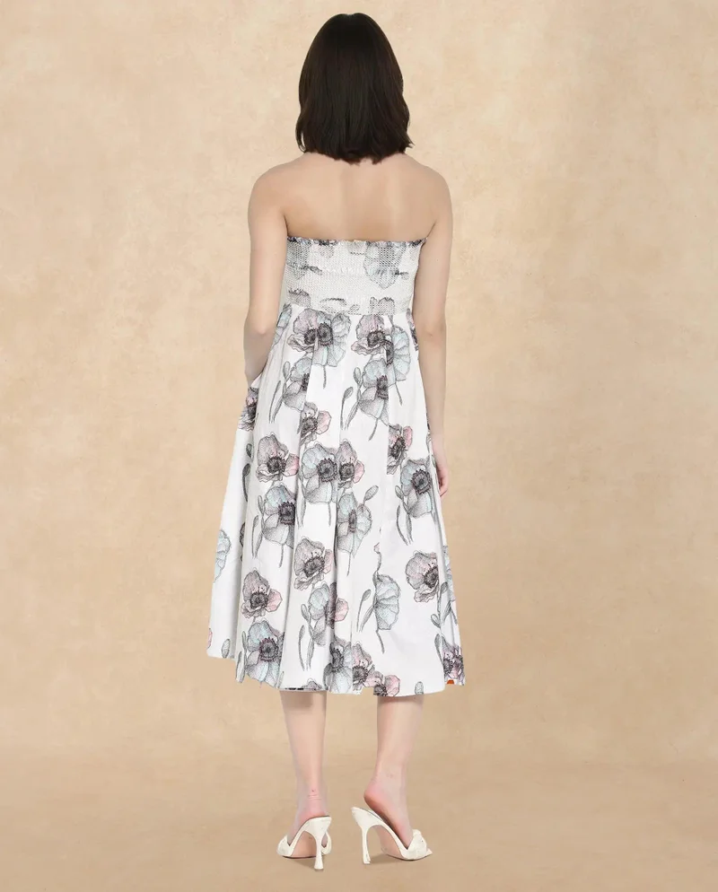 Rareism Women's Floral Print Fit And Flare Tube Neck Midi Dress