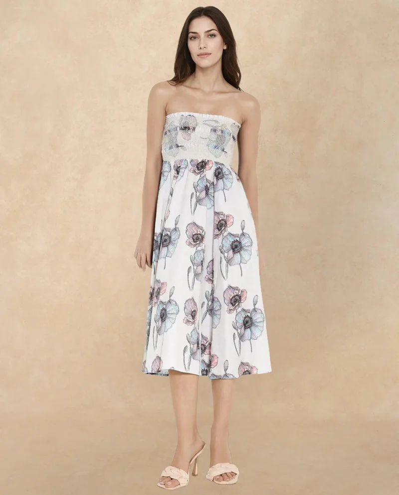 Rareism Women's Floral Print Fit And Flare Tube Neck Midi Dress