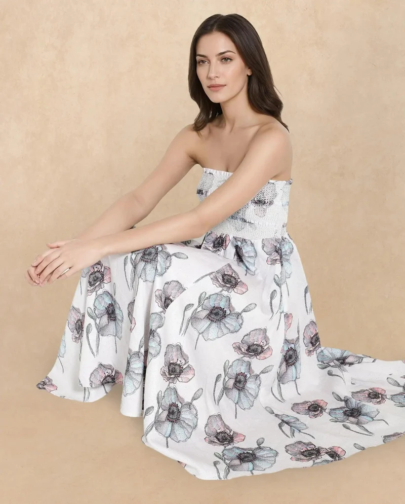 Rareism Women's Floral Print Fit And Flare Tube Neck Midi Dress