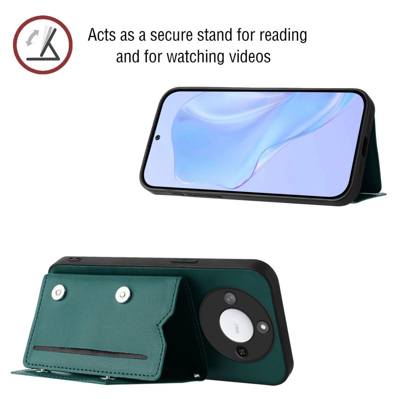 erorex For Honor X60 / X9c Smart  Feel Four Card Slots Phone Case with Wrist Strap(Green) - Image 4