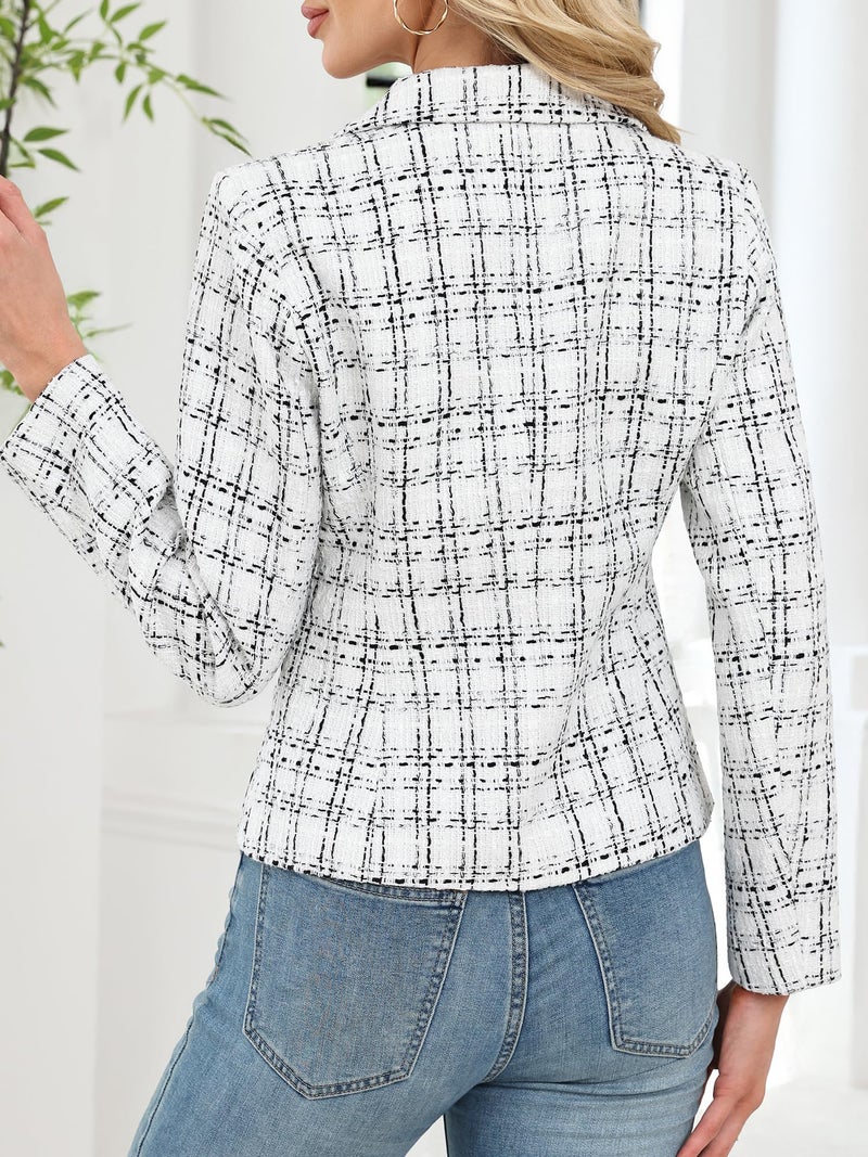 ELLEVEN Womens Blazer Business Casual Suit Jackets Tweed Blazers for Women Slim Fit Fitted Outfits Long Sleeve Stand Collar Blazer Dressy Coat Cardigan with Padded Shoulder White X-Small - Image 3