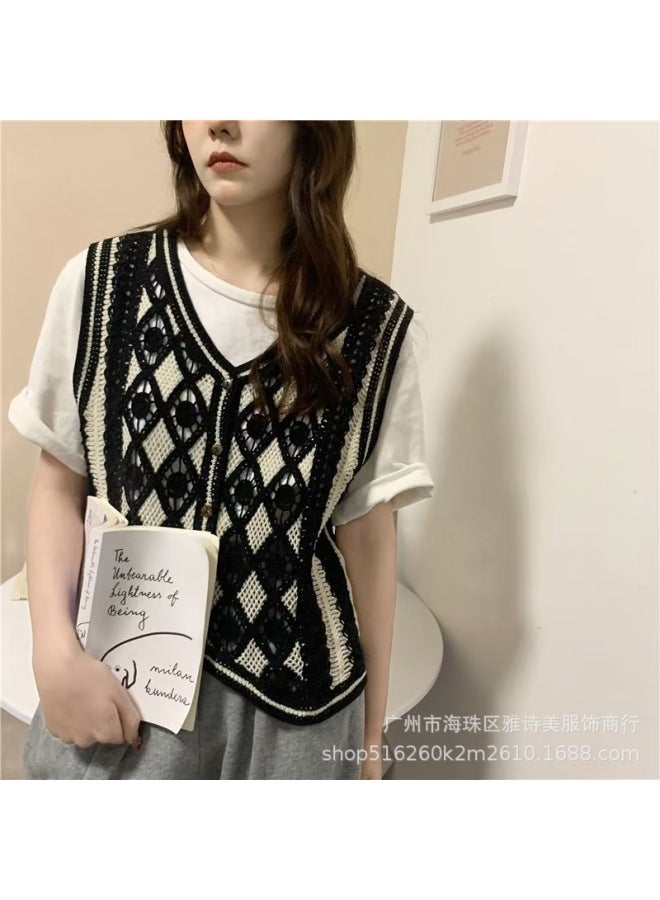 Vintage Crochet Hollow Outerwear Knitted Cardigan For Women New Loose Versatile V-neck Short Top For Summer