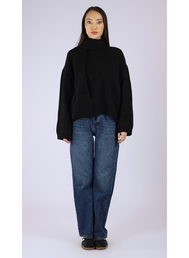 KYVELi Women’s Oversized High-Neck Knit Sweater – Black - Image 2