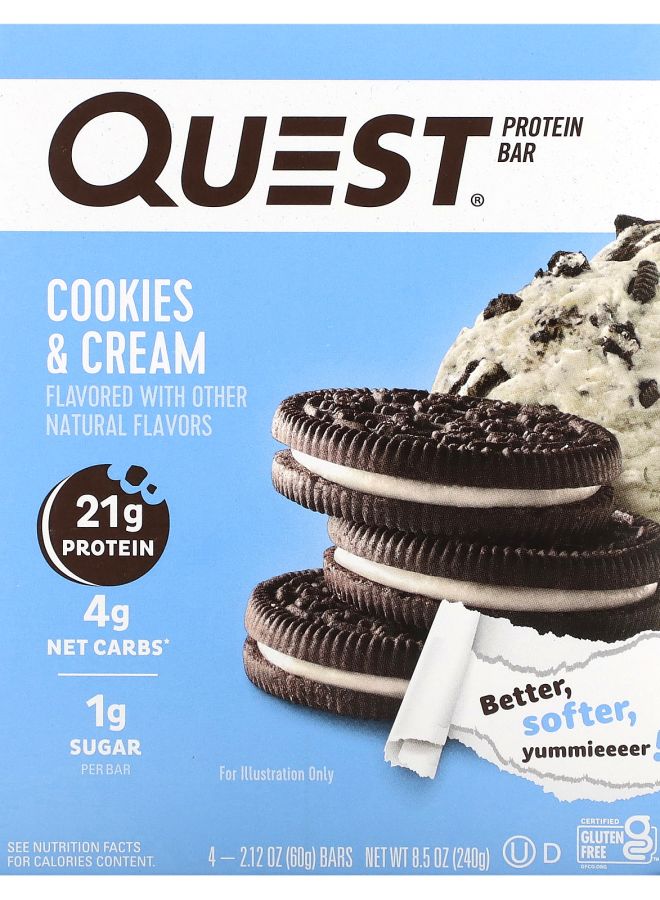Quest Nutrition بار بروتين بنكهة الكوكيز والكريمة 4 بار 2.12 أونصة (60 جرام) لكل منها