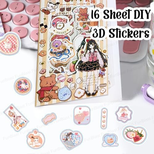 FunBlast PVC Kawaii Stickers Set 16 Sheet (100+ Pcs) DIY 3D Self Adhesive Stickers for Paper Journaling Scrapbooking Cute Stickers Set (Bobobear-4X4=16Sheet) 19 x 10 cm - Image 4