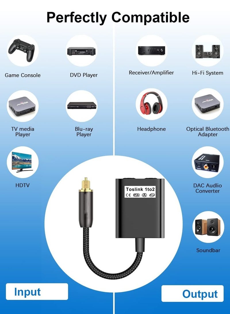 KASTWAVE موزع كابلات بصرية، موزع 1 في 2 مخرج Toslink موزع كابلات بصرية رقمية للصوت من مكبر الصوت إلى التلفزيون، أسود، قطعة واحدة - Image 2