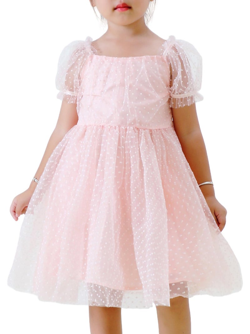 Tutu.kk Little Kid Girls Flower Gril Princess Dresses Dot Tulle Puff Sleeve Birthday Party Tutu Dress Pink 2-3T - Image 1