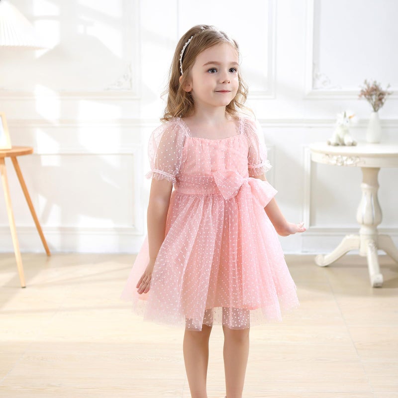 Tutu.kk Little Kid Girls Flower Gril Princess Dresses Dot Tulle Puff Sleeve Birthday Party Tutu Dress Pink 2-3T - Image 2