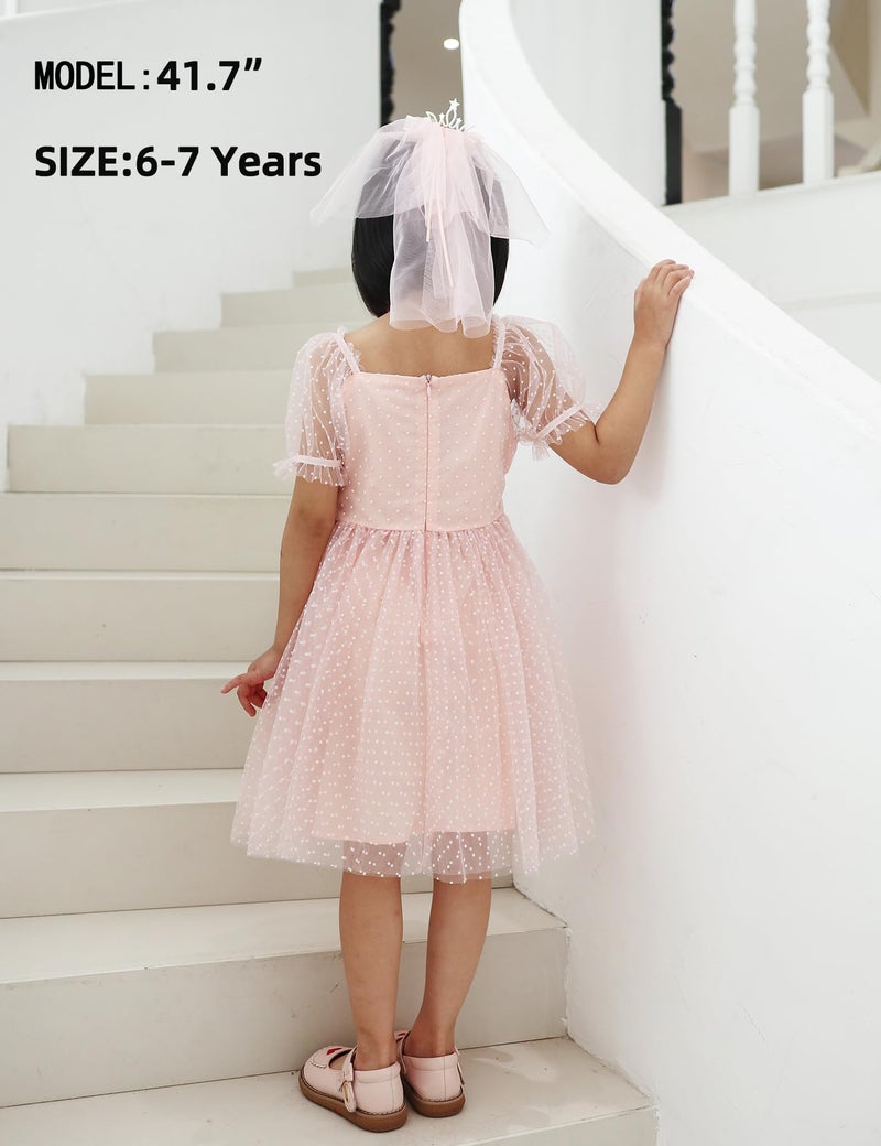 Tutu.kk Little Kid Girls Flower Gril Princess Dresses Dot Tulle Puff Sleeve Birthday Party Tutu Dress Pink 2-3T - Image 4