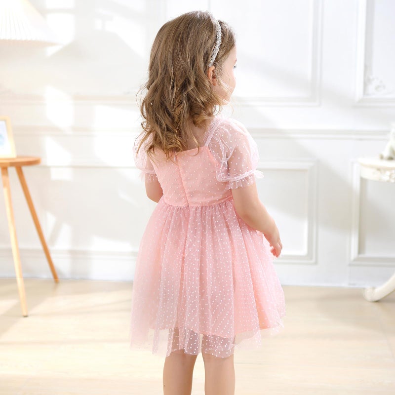 Tutu.kk Little Kid Girls Flower Gril Princess Dresses Dot Tulle Puff Sleeve Birthday Party Tutu Dress Pink 2-3T - Image 3