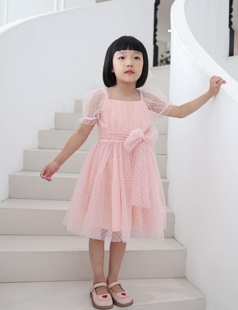 Tutu.kk Little Kid Girls Flower Gril Princess Dresses Dot Tulle Puff Sleeve Birthday Party Tutu Dress Pink 2-3T - Image 5