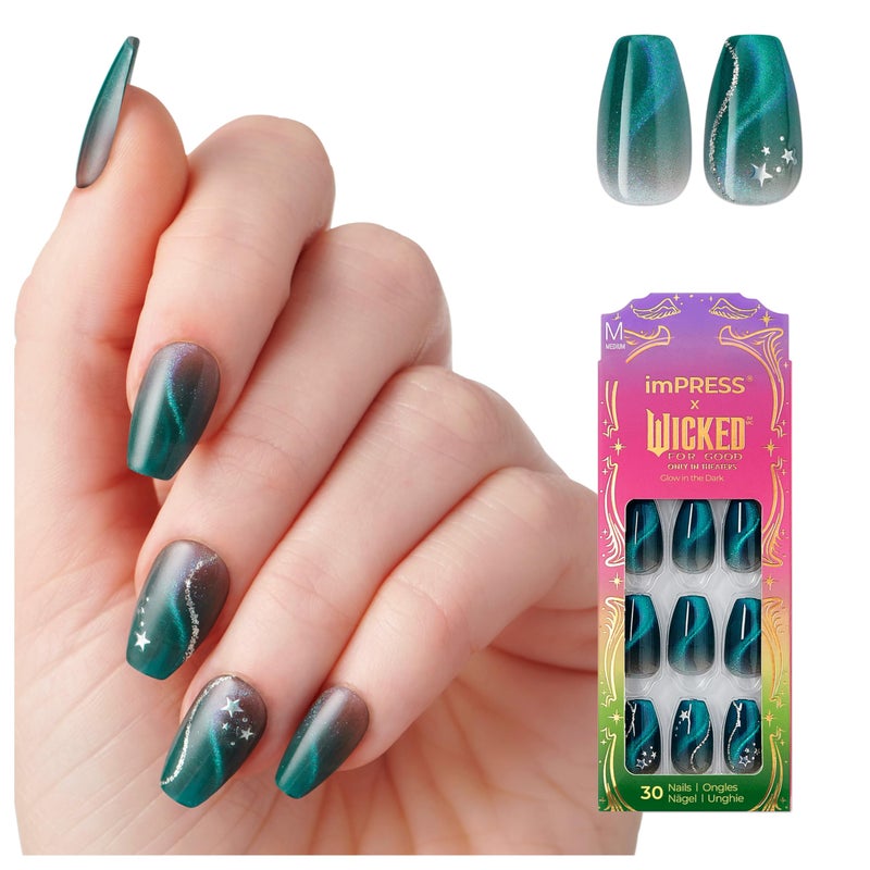 imPRESS X WICKED: FOR GOOD Press On Nails, â€˜Unleash Your Magicâ€™, Green, Medium Coffin, New Improved Adhesive, Up To 10 Day Hold, Includes 30 Fake Nails, 1 Prep Pad, 1 Manicure Stick, 1 Mini File - Image 1