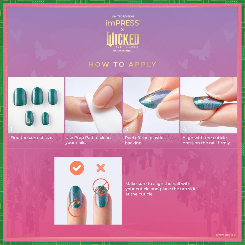 imPRESS X WICKED: FOR GOOD Press On Nails, â€˜Unleash Your Magicâ€™, Green, Medium Coffin, New Improved Adhesive, Up To 10 Day Hold, Includes 30 Fake Nails, 1 Prep Pad, 1 Manicure Stick, 1 Mini File - Image 2