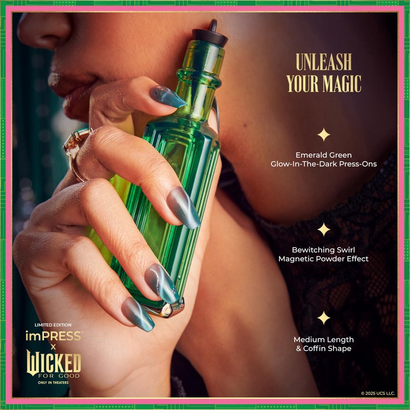 imPRESS X WICKED: FOR GOOD Press On Nails, â€˜Unleash Your Magicâ€™, Green, Medium Coffin, New Improved Adhesive, Up To 10 Day Hold, Includes 30 Fake Nails, 1 Prep Pad, 1 Manicure Stick, 1 Mini File - Image 3