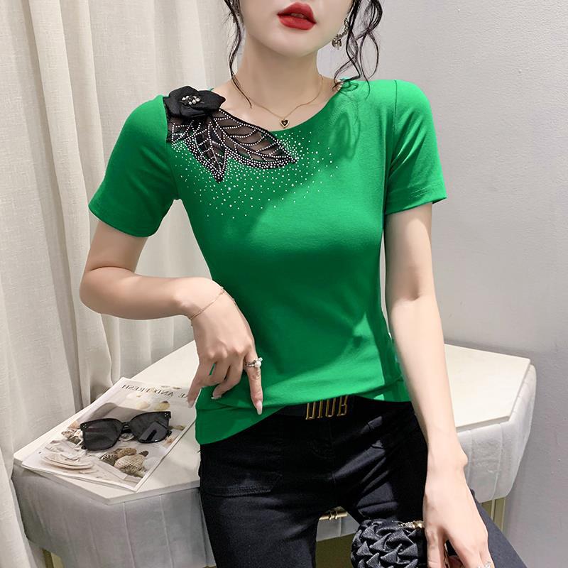 Real Shot 2023 Summer New European Short-sleeved T-shirt Shoulder Beaded Flower Hot Drilling Slim-fit Slimming Fashion Shirt - Image 1