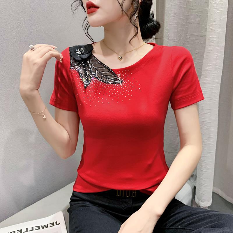 Real Shot 2023 Summer New European Short-sleeved T-shirt Shoulder Beaded Flower Hot Drilling Slim-fit Slimming Fashion Shirt - Image 2