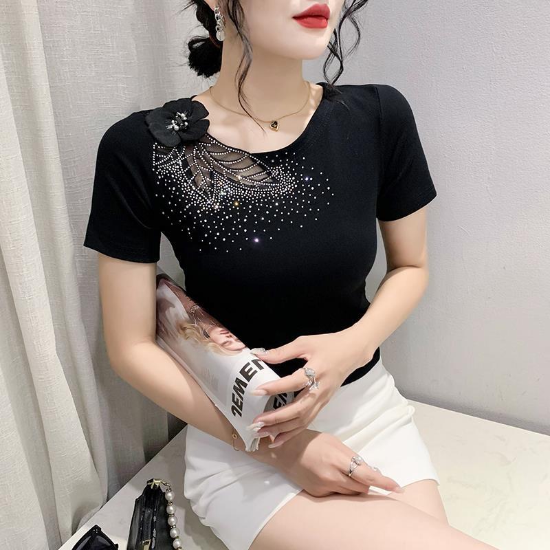 Real Shot 2023 Summer New European Short-sleeved T-shirt Shoulder Beaded Flower Hot Drilling Slim-fit Slimming Fashion Shirt - Image 3