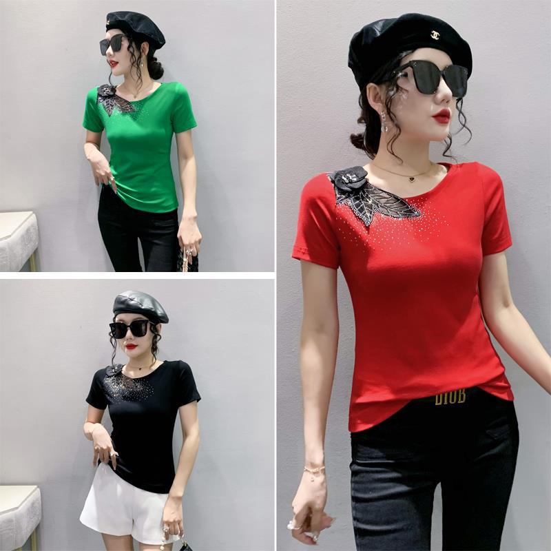 Real Shot 2023 Summer New European Short-sleeved T-shirt Shoulder Beaded Flower Hot Drilling Slim-fit Slimming Fashion Shirt - Image 5