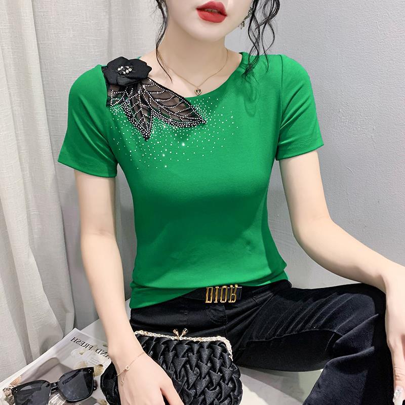 Real Shot 2023 Summer New European Short-sleeved T-shirt Shoulder Beaded Flower Hot Drilling Slim-fit Slimming Fashion Shirt - Image 4
