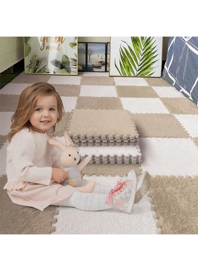 HQ-GAMING - Puzzle Play Mats Interlocking Soft EVA Foam Mats Protective Floor for Children Kids Room Fluffy Square Thickened Plush Tiles Home Parlor Bedroom 16Pcs (Khaki, White) - Image 1