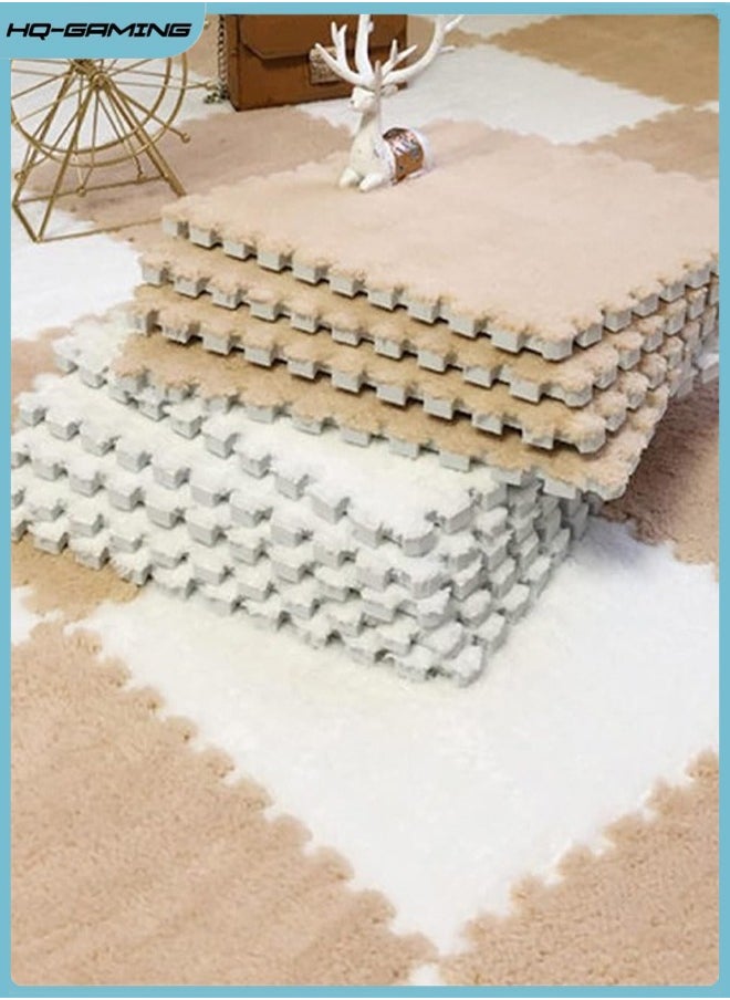 HQ-GAMING - Puzzle Play Mats Interlocking Soft EVA Foam Mats Protective Floor for Children Kids Room Fluffy Square Thickened Plush Tiles Home Parlor Bedroom 16Pcs (Khaki, White) - Image 1