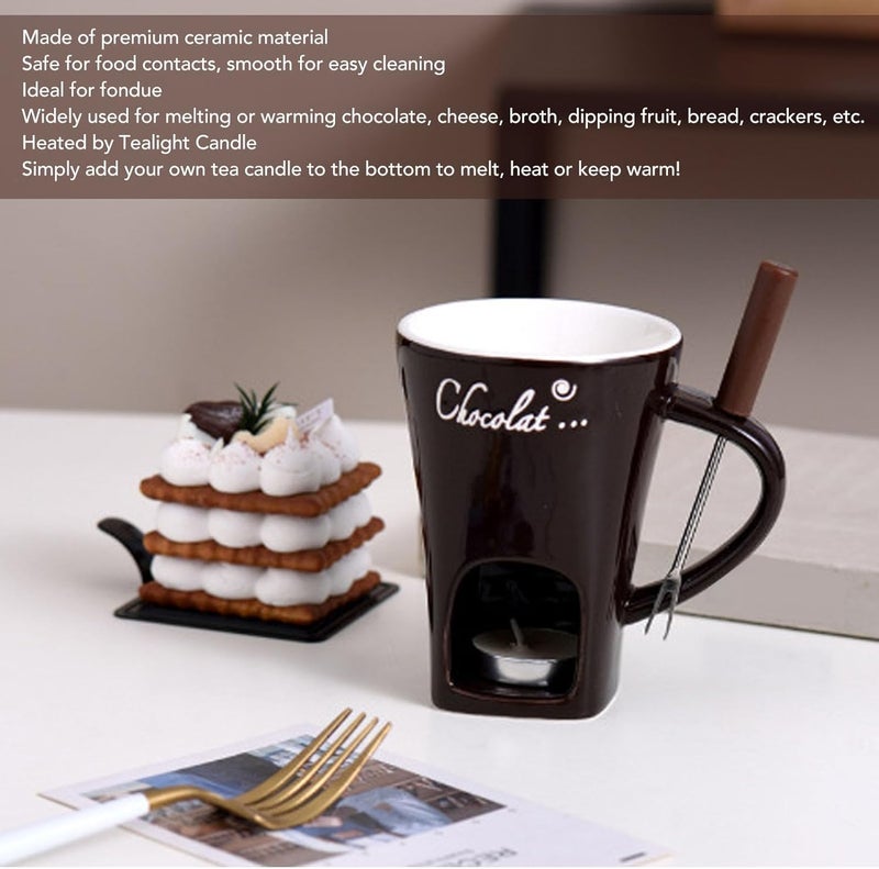 gernie Chocolate Melting Cup, Tealight Candle Heating Chocolate Fondue Mug Ceramic Butter Warmer Pot with Fork, Chocolate Melting Supplies for Cheese, Chocolate and Tapas (Brown) - Image 2