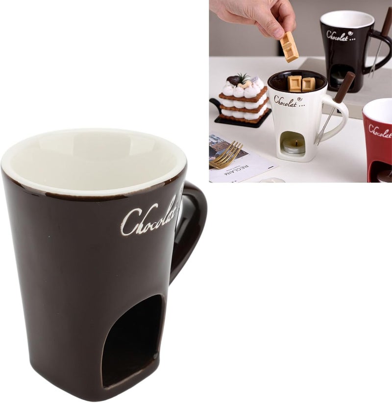 gernie Chocolate Melting Cup, Tealight Candle Heating Chocolate Fondue Mug Ceramic Butter Warmer Pot with Fork, Chocolate Melting Supplies for Cheese, Chocolate and Tapas (Brown) - Image 4