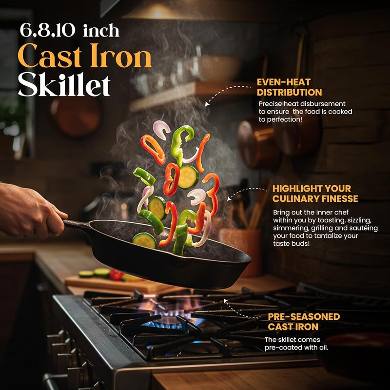 Utopia Kitchen Pre-Seasoned Cast Iron Skillet Set 3-Piece - 6 Inch, 8 Inch and 10 Inch - Image 3