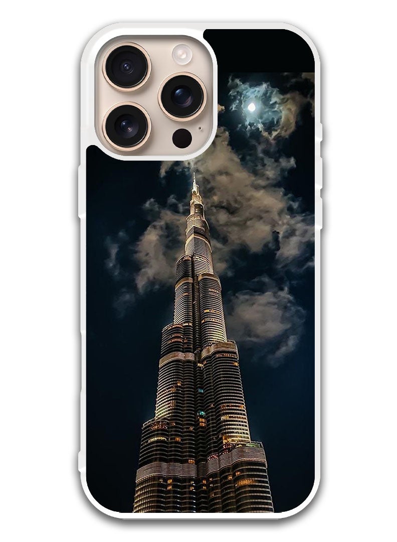 Theodor غطاء حماية لجهاز آبل آيفون 16 برو ماكس برج خليفة في الليل (حافة بيضاء) - Image 1