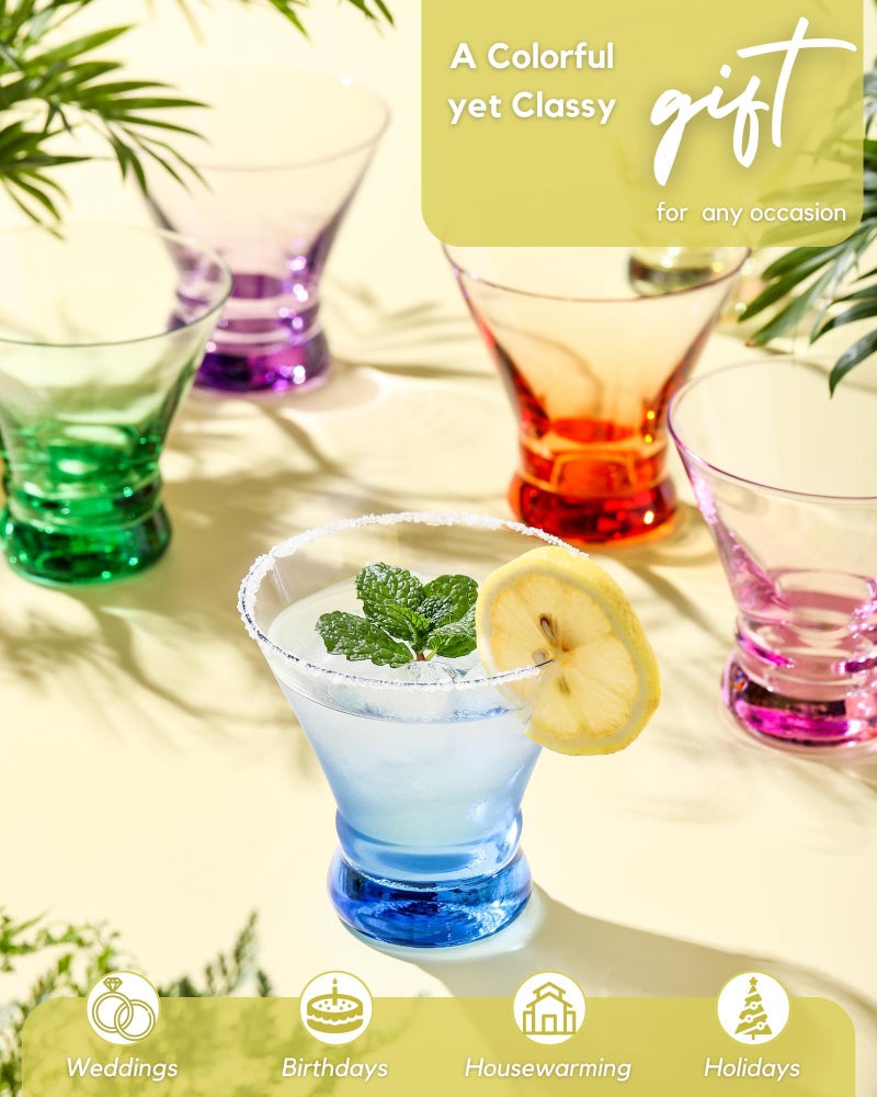 ColoVie Martini Glasses Set of 6 - Cocktail Glasses - 8oz Stemless Margarita, Bar, Dessert Glass - Colored Liquor Drinking Glassware - Cosmo, Manhattan, Espresso Martini - Cocktail Party Gift for Her - Image 5