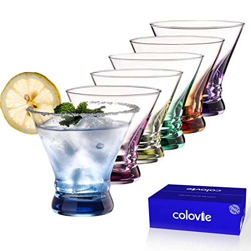 ColoVie Martini Glasses Set of 6 - Cocktail Glasses - 8oz Stemless Margarita, Bar, Dessert Glass - Colored Liquor Drinking Glassware - Cosmo, Manhattan, Espresso Martini - Cocktail Party Gift for Her - Image 1