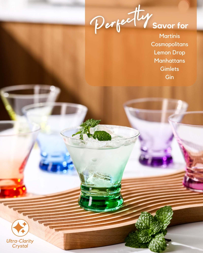 ColoVie Martini Glasses Set of 6 - Cocktail Glasses - 8oz Stemless Margarita, Bar, Dessert Glass - Colored Liquor Drinking Glassware - Cosmo, Manhattan, Espresso Martini - Cocktail Party Gift for Her - Image 4