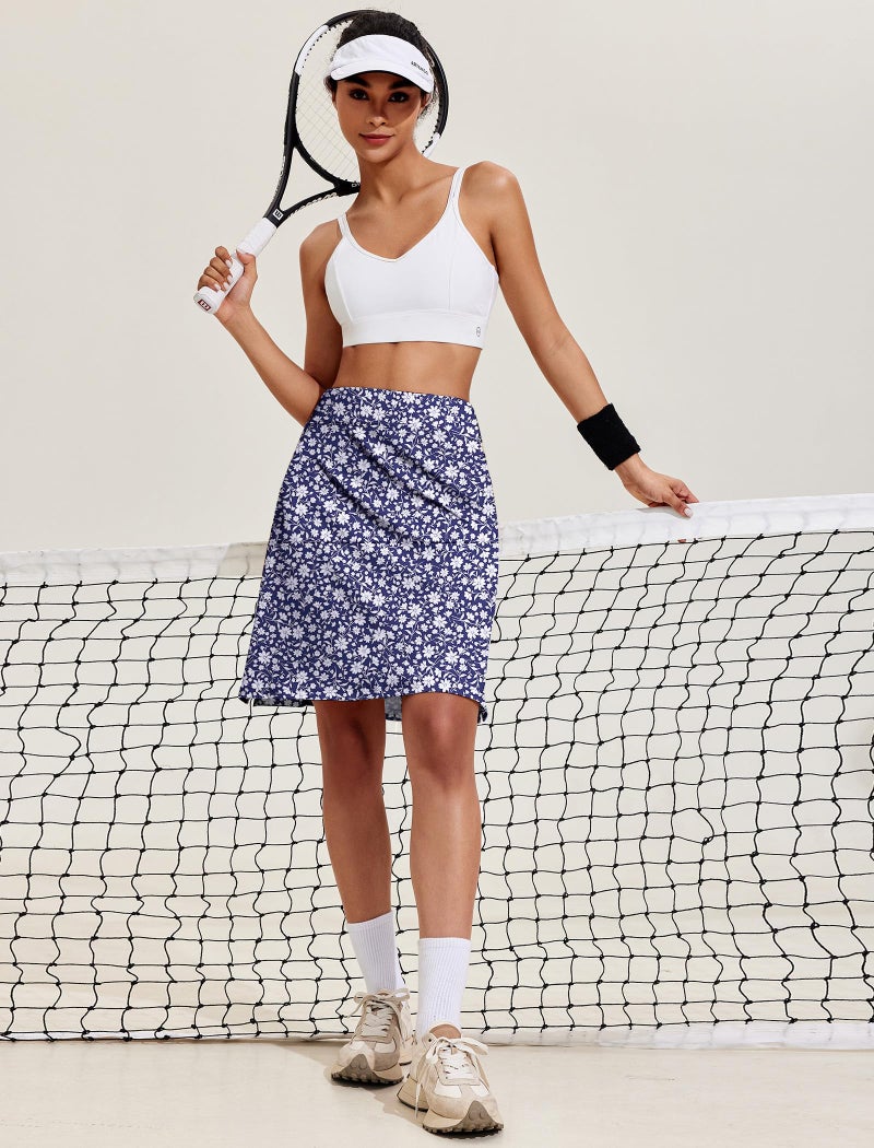 COOrun 20" Knee Length Skorts Skirts Modest Golf Skirt High Wasited Athletic Tennis Skort with Pockets Printed Summer Skirts,Navy White Floral L - Image 5