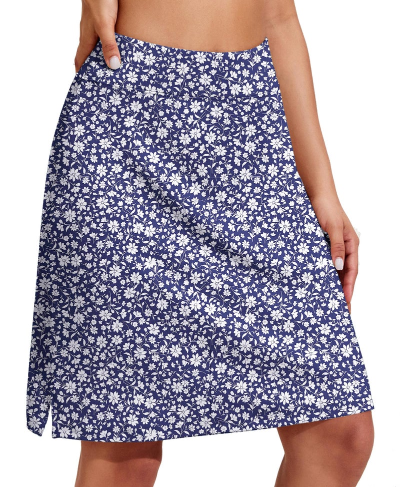 COOrun 20" Knee Length Skorts Skirts Modest Golf Skirt High Wasited Athletic Tennis Skort with Pockets Printed Summer Skirts,Navy White Floral L - Image 1