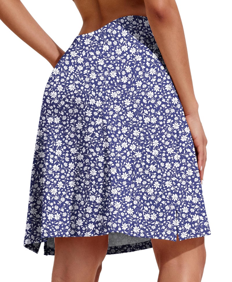 COOrun 20" Knee Length Skorts Skirts Modest Golf Skirt High Wasited Athletic Tennis Skort with Pockets Printed Summer Skirts,Navy White Floral L - Image 2
